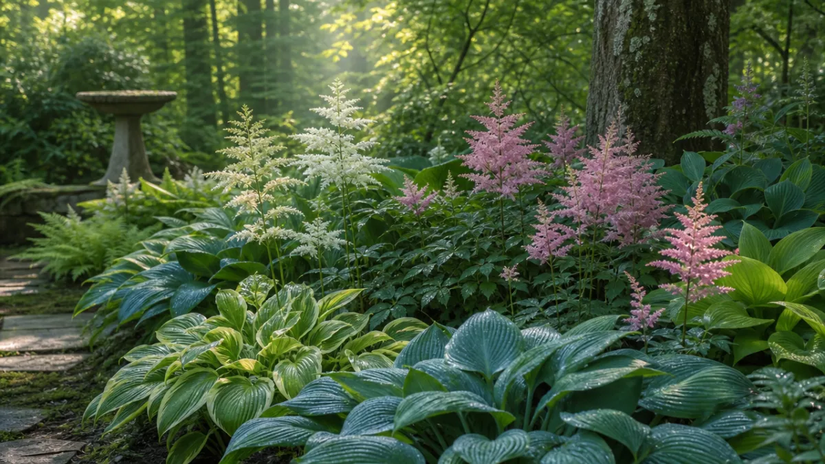 a lush shaded garden bed with hostas and astilbes in soft dappled…
