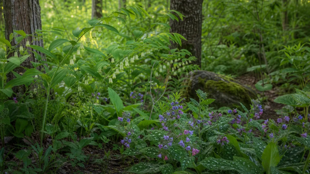 a woodland shade garden with Solomon's seal and lungwort, soft filtered light,…