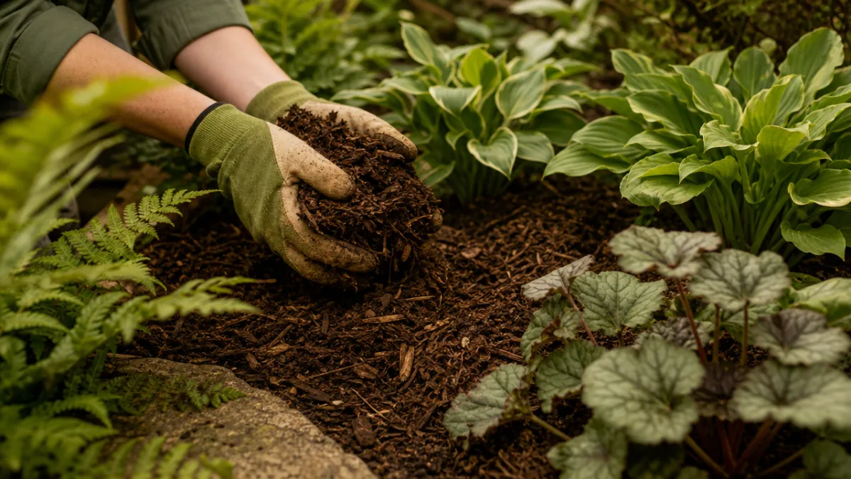 close-up of gardening hands mulching a shaded perennial bed, warm earthy tones,…
