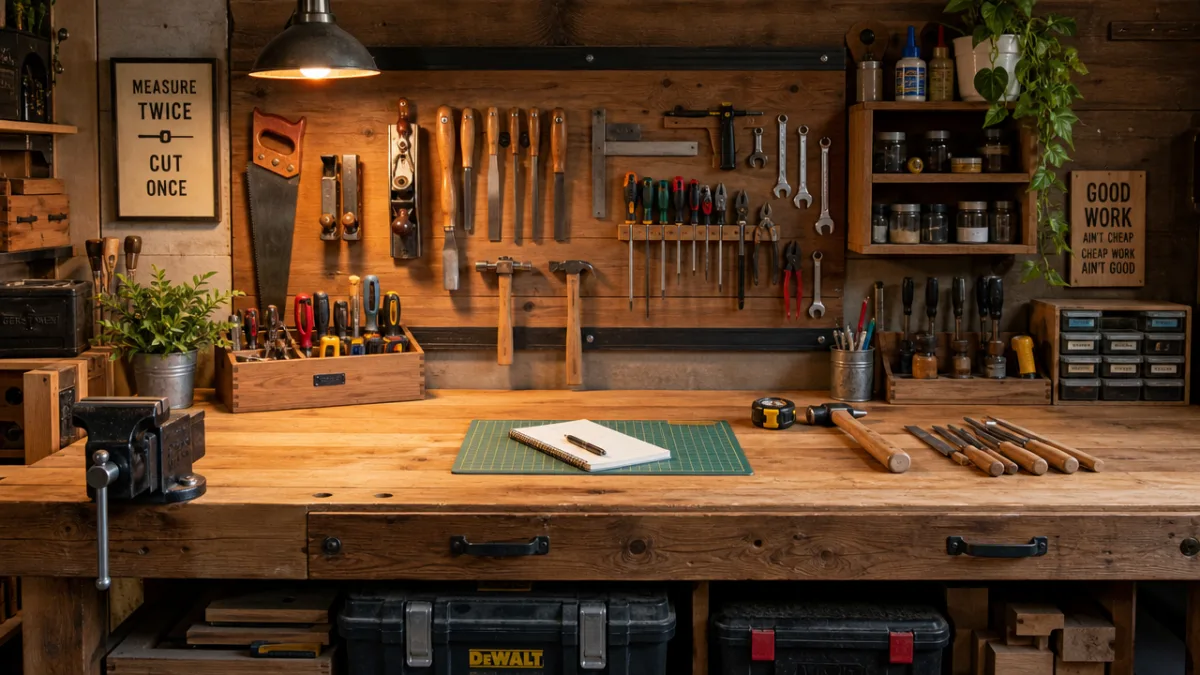a neatly organized wooden workbench covered with DIY tools, warm workshop lighting…