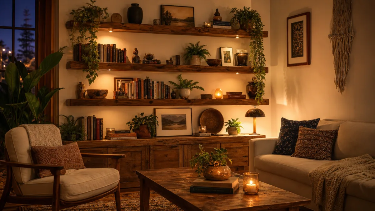a cozy living room featuring handcrafted wooden shelves styled with plants and…