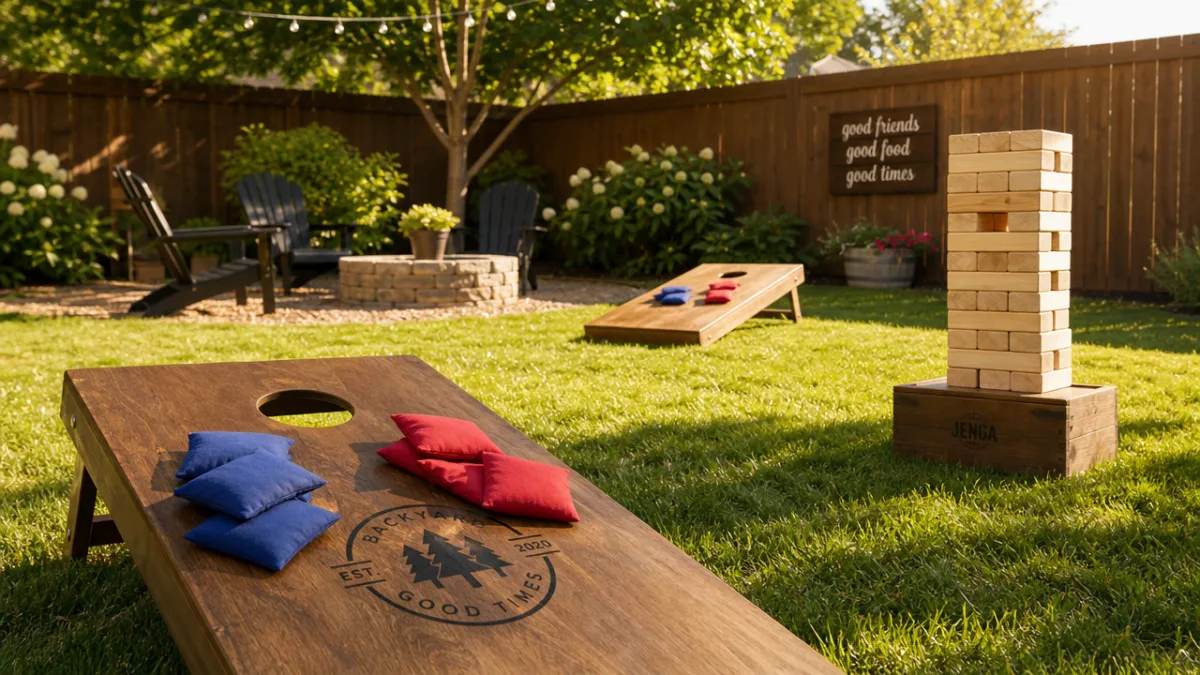 a sunny backyard with wooden cornhole boards and giant Jenga set on…