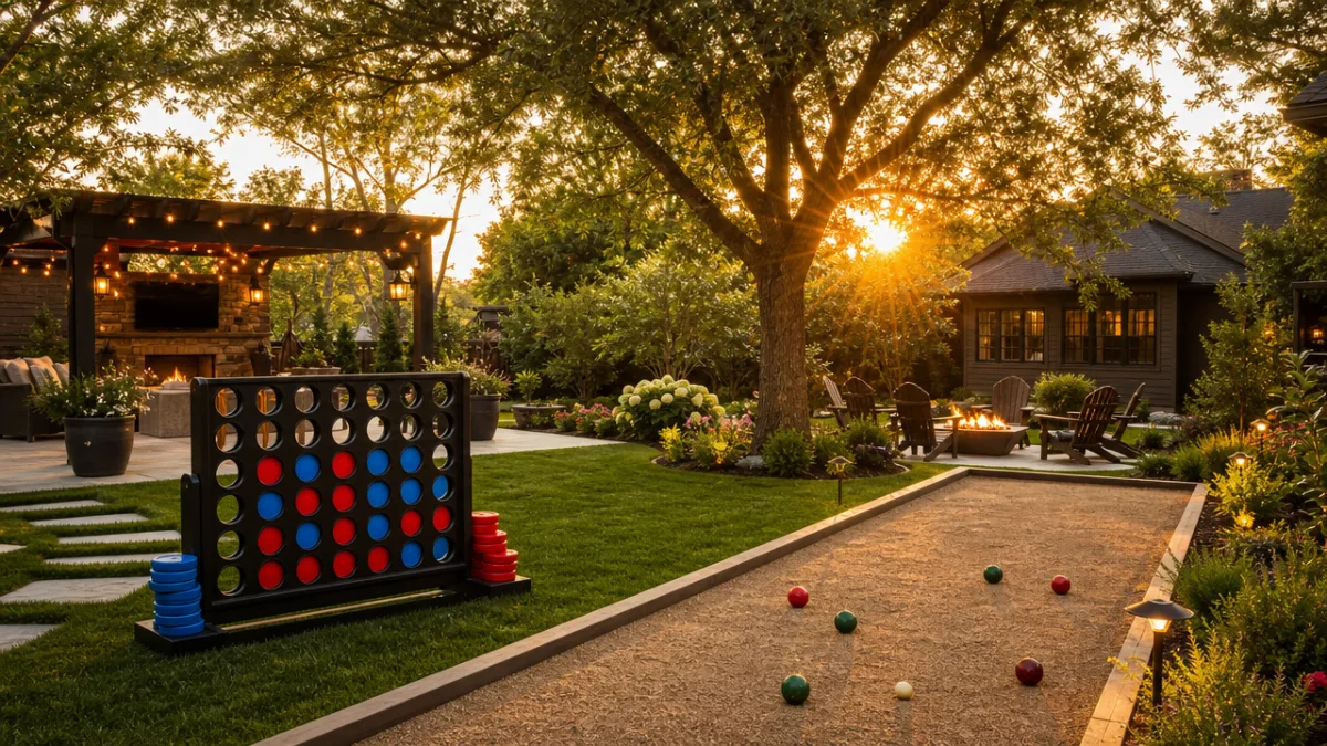 a beautifully landscaped backyard with giant Connect Four and bocce court, golden…