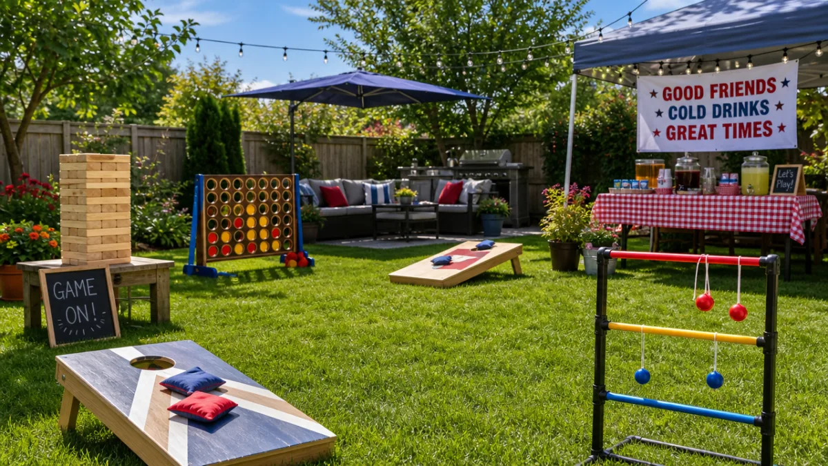 a festive backyard game day setup with multiple lawn games arranged on…