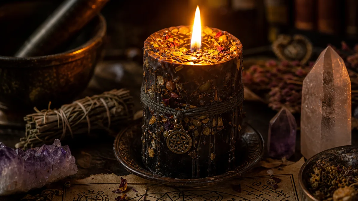 a dramatic close-up of a ritual spell candle burning on an altar…