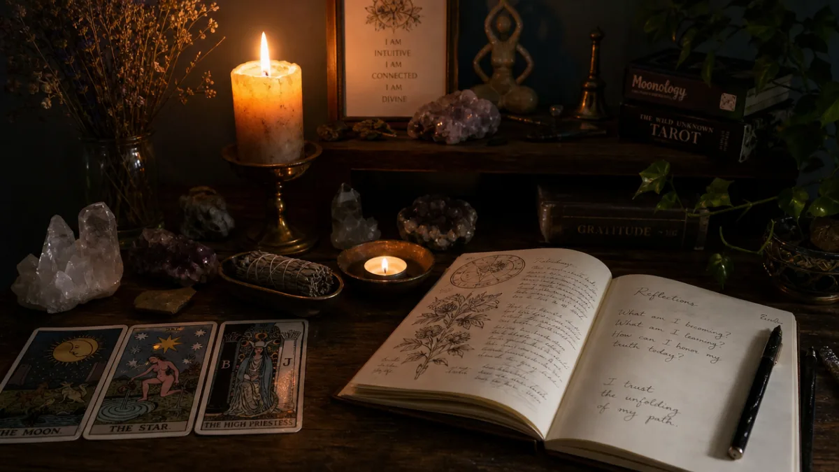 a serene altar space with tarot cards, a burning candle, and a…