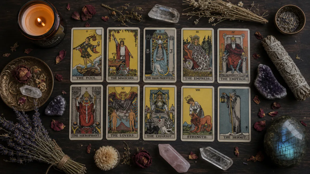 a top-down flat lay of tarot Major Arcana cards arranged with crystals,…