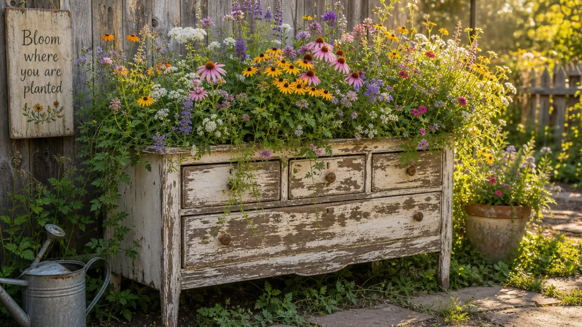 a weathered wooden dresser repurposed as a garden planter overflowing with colorful…