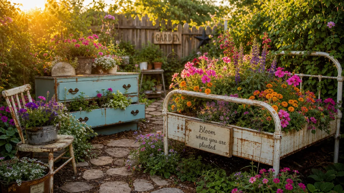a lush backyard garden featuring old furniture repurposed as flower beds, golden…
