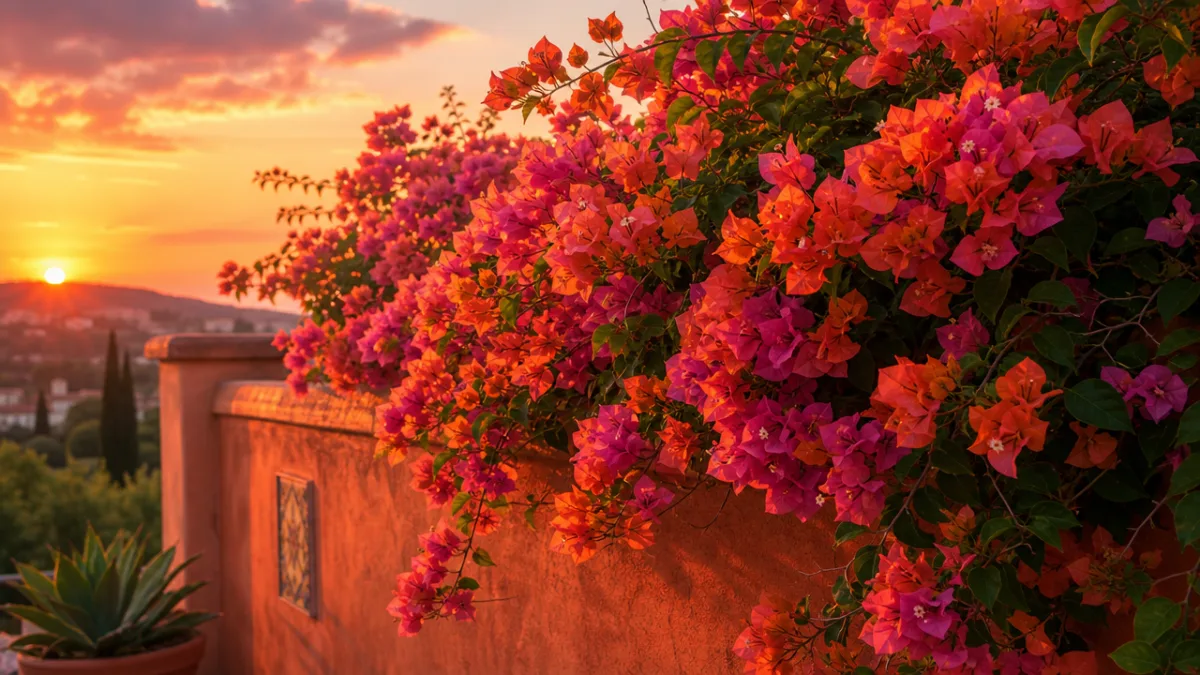 a lush bougainvillea spilling over a terracotta garden wall at sunset, rich…
