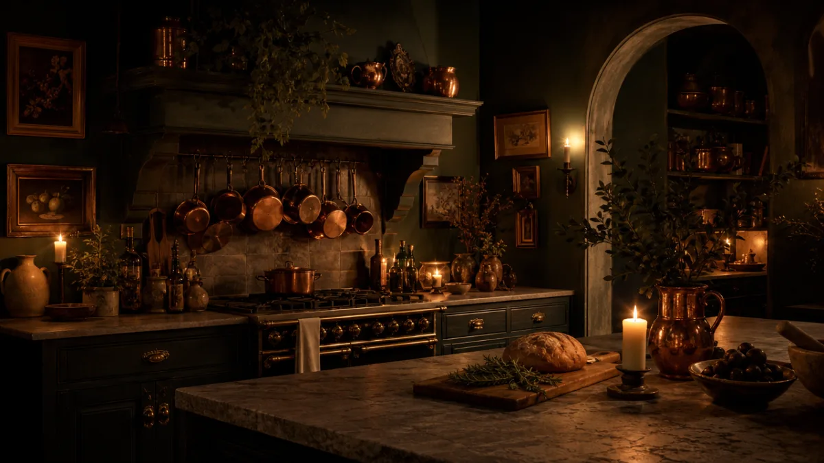 a moody kitchen with dark green walls, copper pots, and candlelight casting…