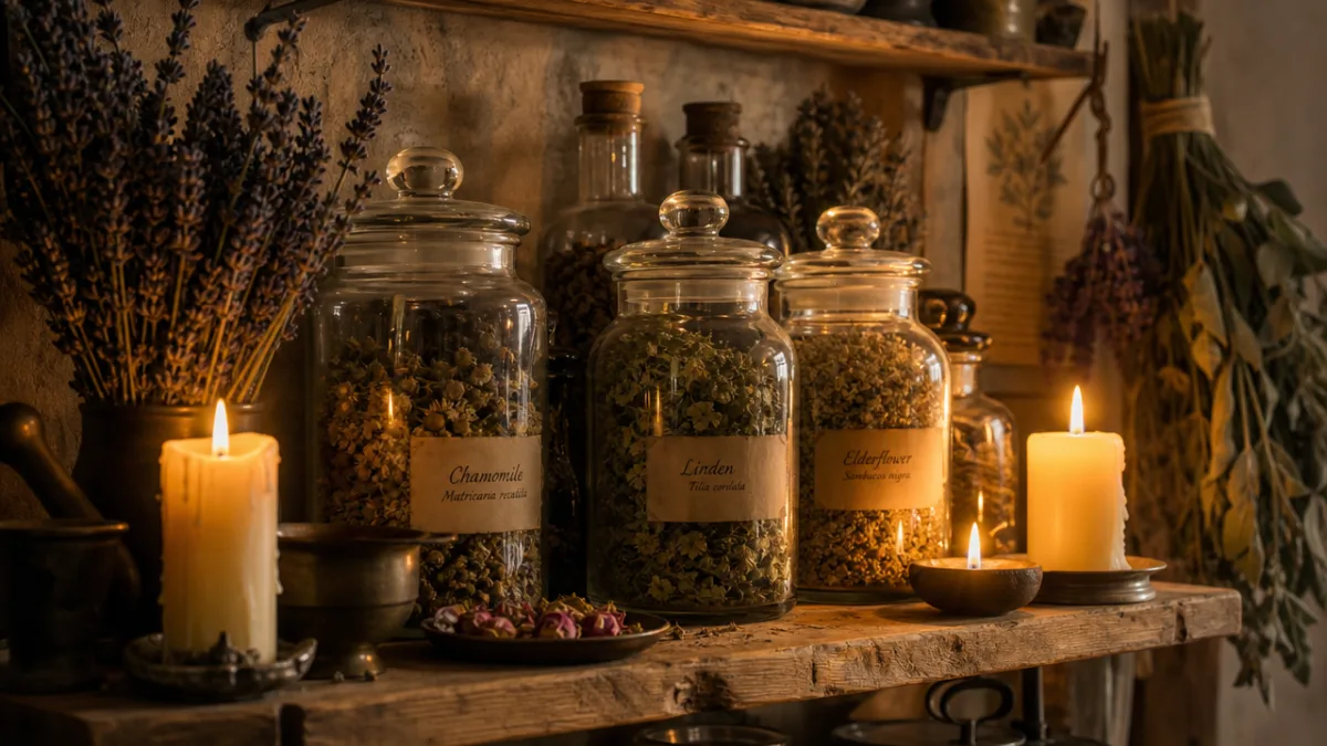 a close-up of a rustic kitchen shelf with flickering candles, glass apothecary…