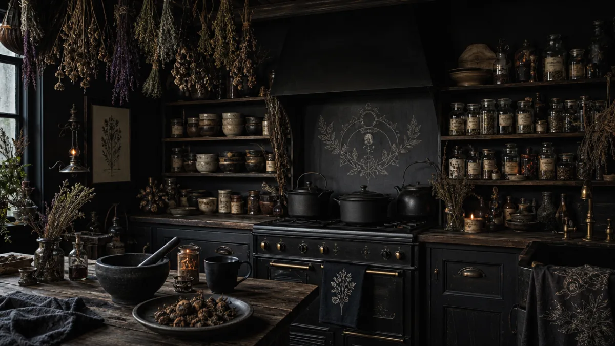 a dark witchy kitchen with cast iron pots, hanging dried herbs, and…