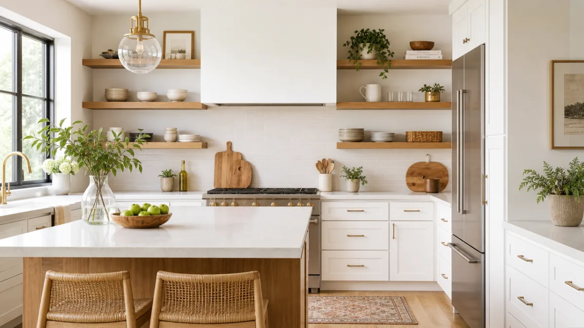a bright modern kitchen with organized open shelving, white cabinets, warm natural…