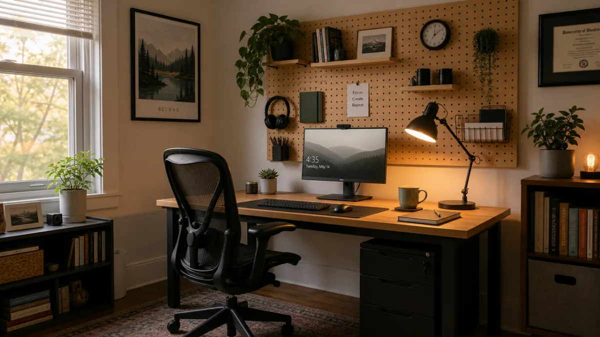 a tidy home office with pegboard wall organizer, warm desk lamp glow,…