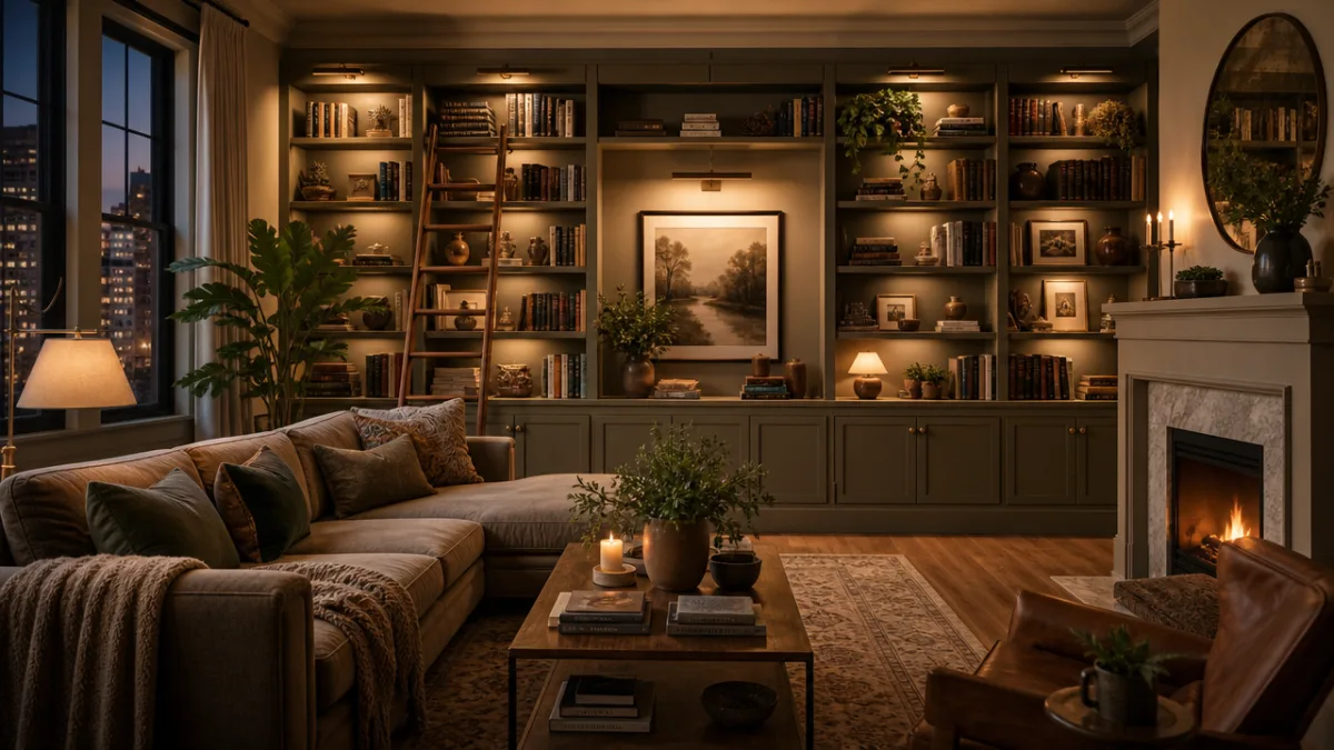 a cozy organized living room with floor-to-ceiling shelving, warm evening lighting, styled…