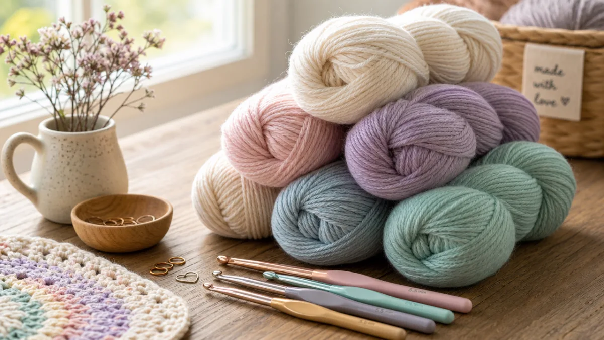 soft pastel yarn skeins and crochet hooks arranged on a wooden table,…