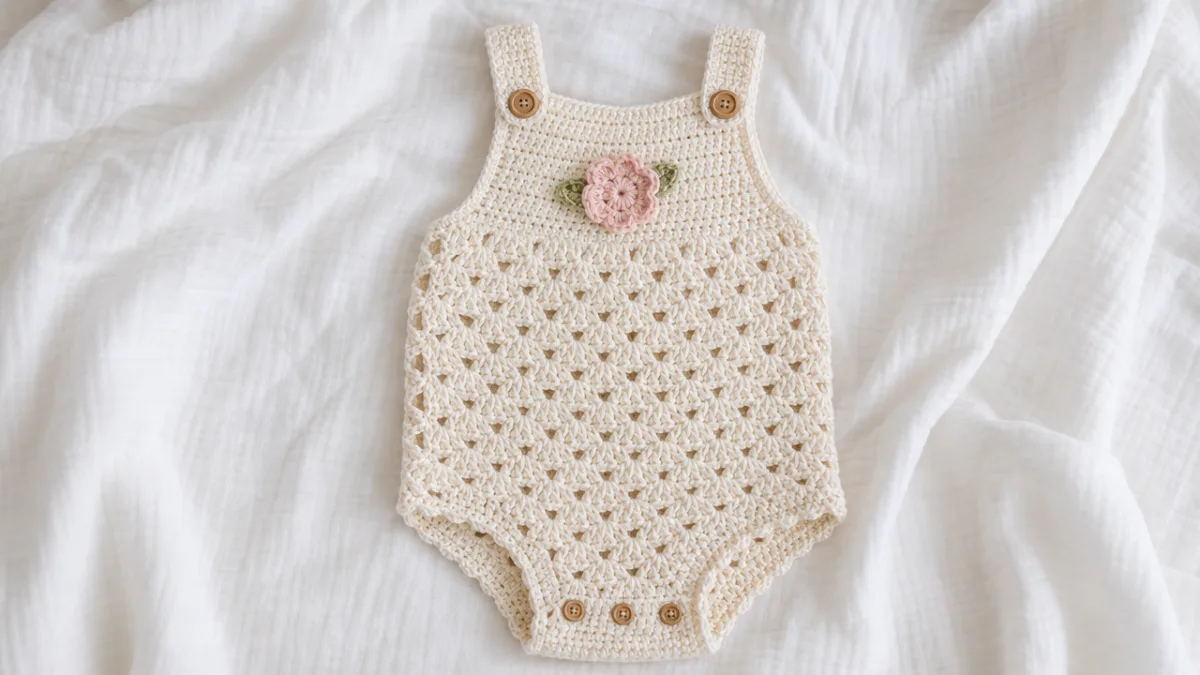 a delicate handmade crochet baby romper laid flat on a soft white…