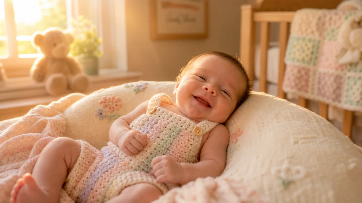 a smiling newborn baby wearing a soft pastel crochet romper, warm golden…