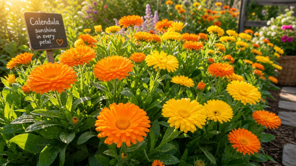 a lush calendula garden bed with bright orange and yellow blooms in…