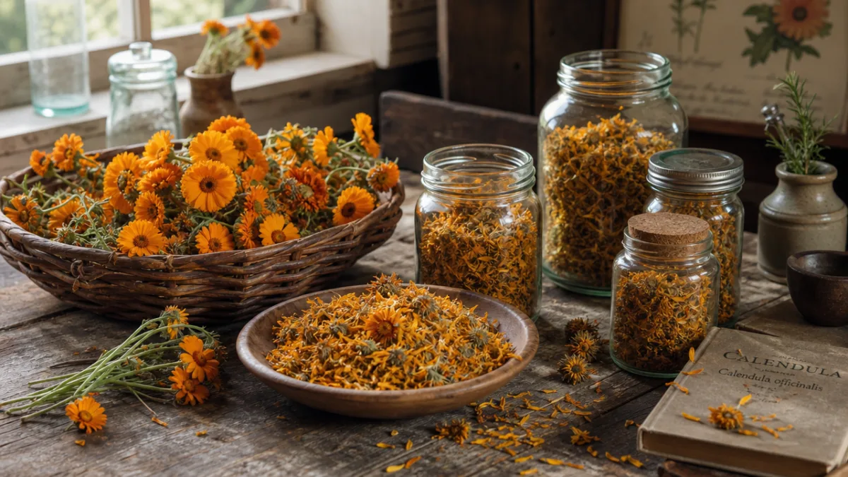 a rustic wooden table with freshly harvested and dried calendula flowers in…
