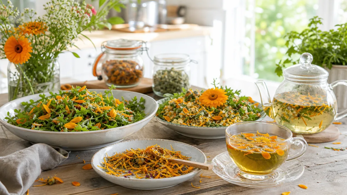 a beautiful culinary spread with calendula petals scattered over salads and herbal…