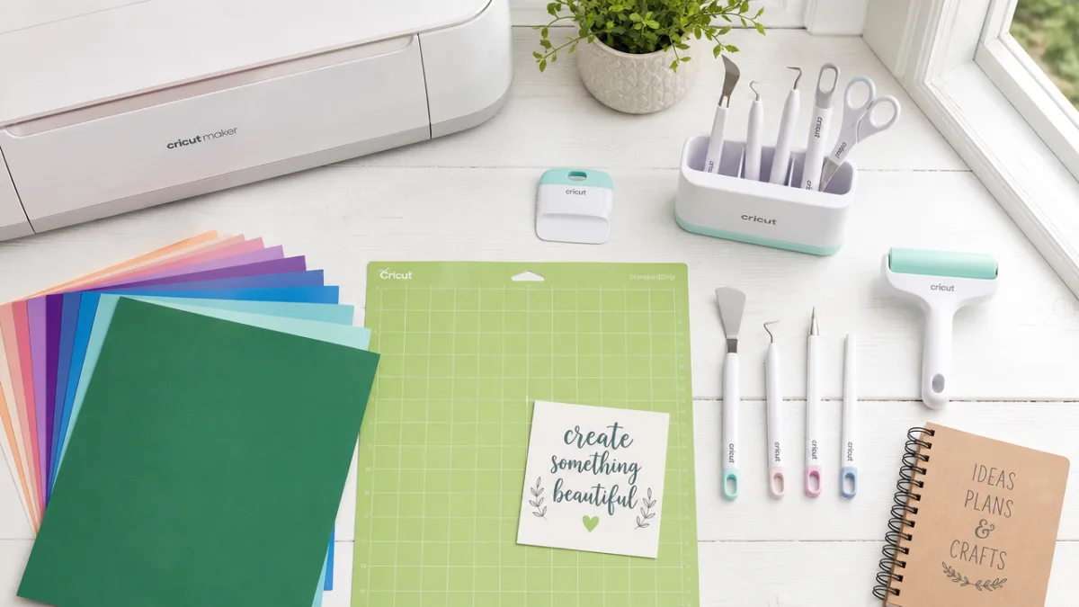 a neatly arranged flat lay of Cricut crafting tools and colorful cardstock…