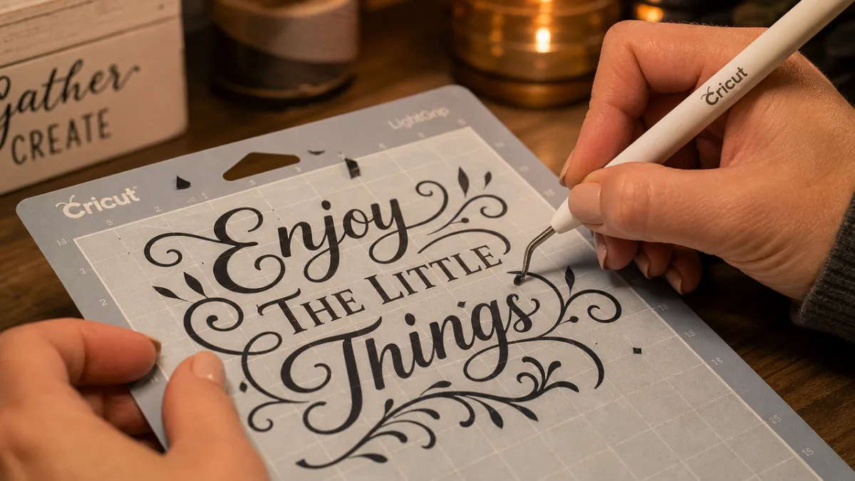 close-up of hands carefully weeding intricate vinyl lettering on a light grip…