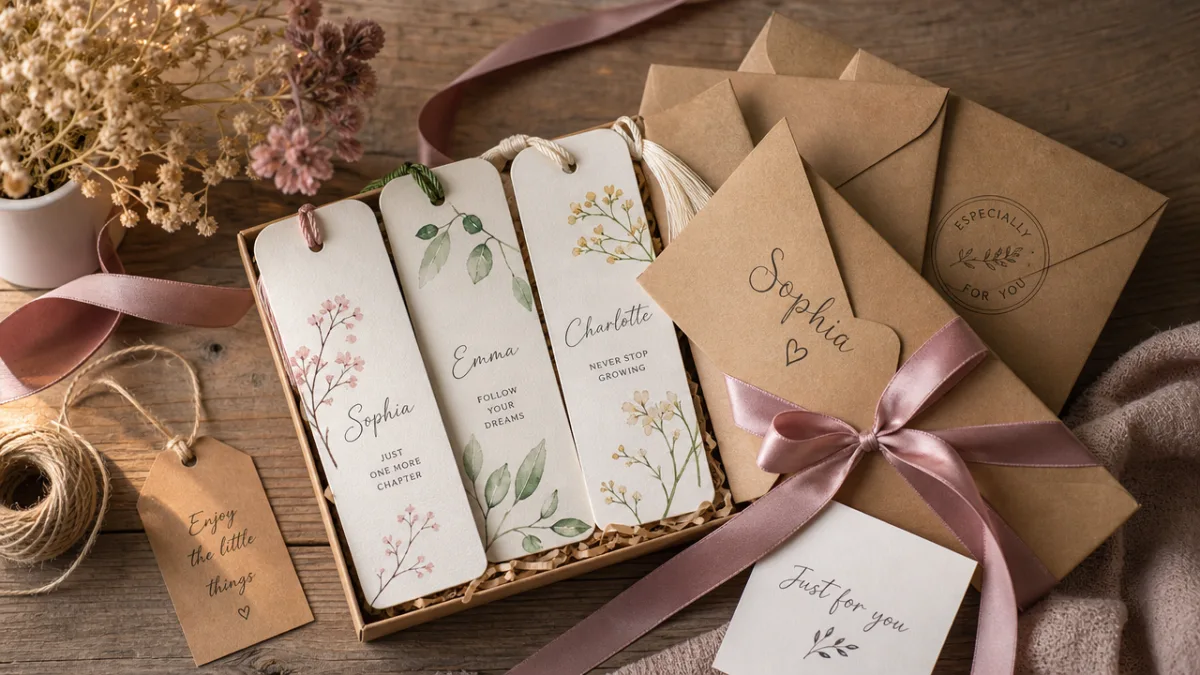 a beautifully styled gift arrangement with personalized bookmarks, kraft paper envelopes, and…