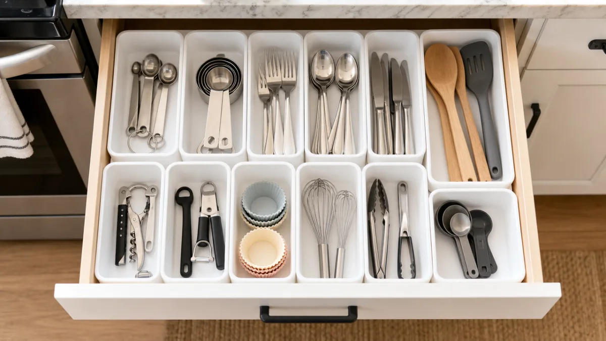 a bright organized kitchen drawer filled with small white plastic bins holding…