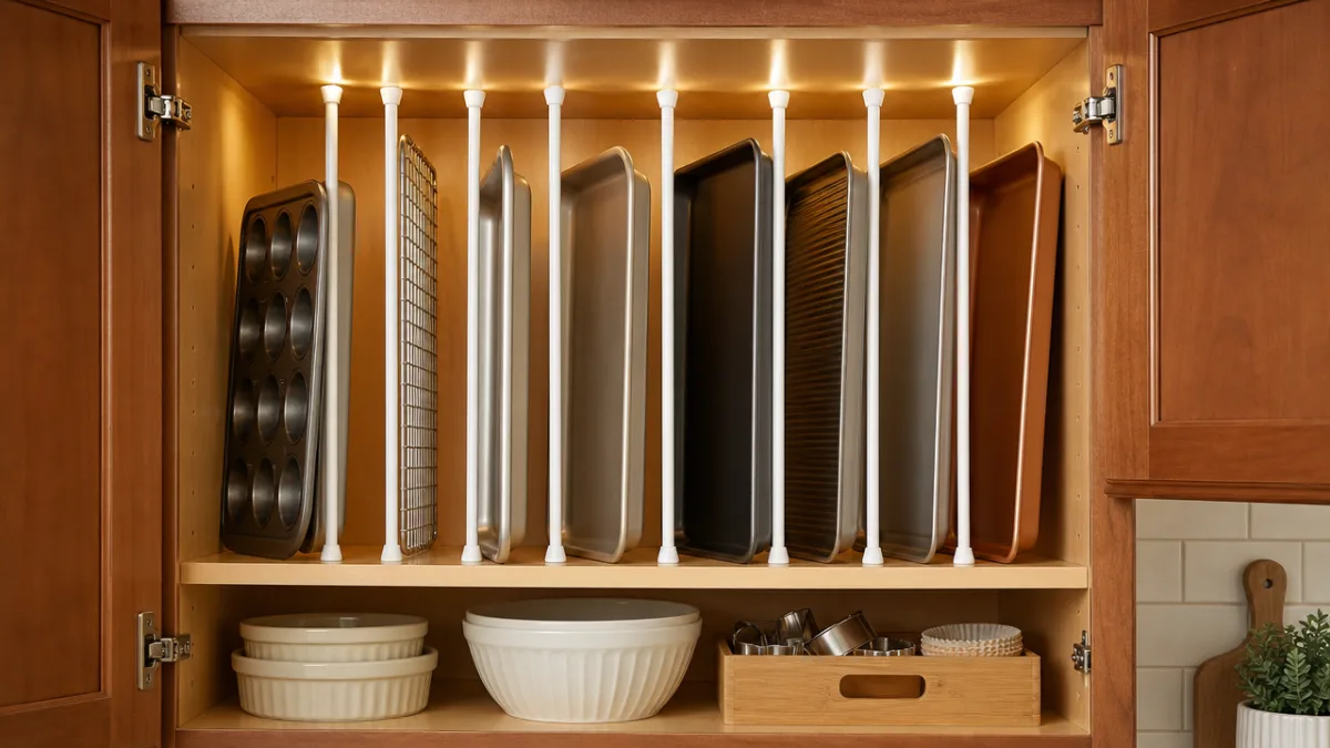 a neatly organized kitchen cabinet interior with tension rod dividers holding upright…
