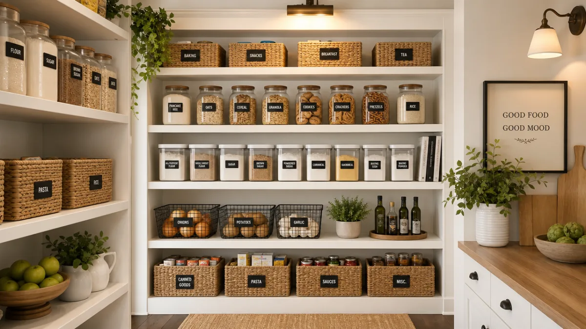 a beautifully organized open kitchen pantry with labeled bins and baskets on…
