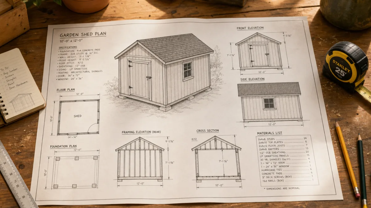 a detailed garden shed building plan spread on a wooden workbench, warm…