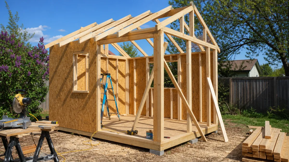a partially framed wooden garden shed under construction in a sunny backyard,…