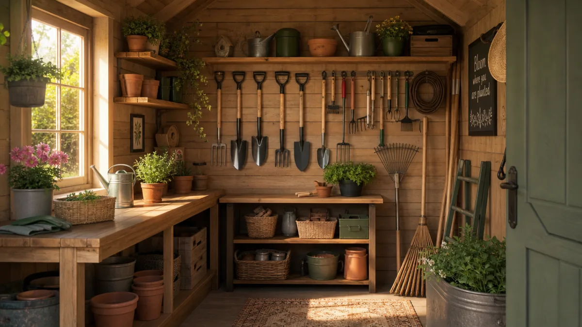 a beautifully organized garden shed interior with tools hanging neatly on walls,…