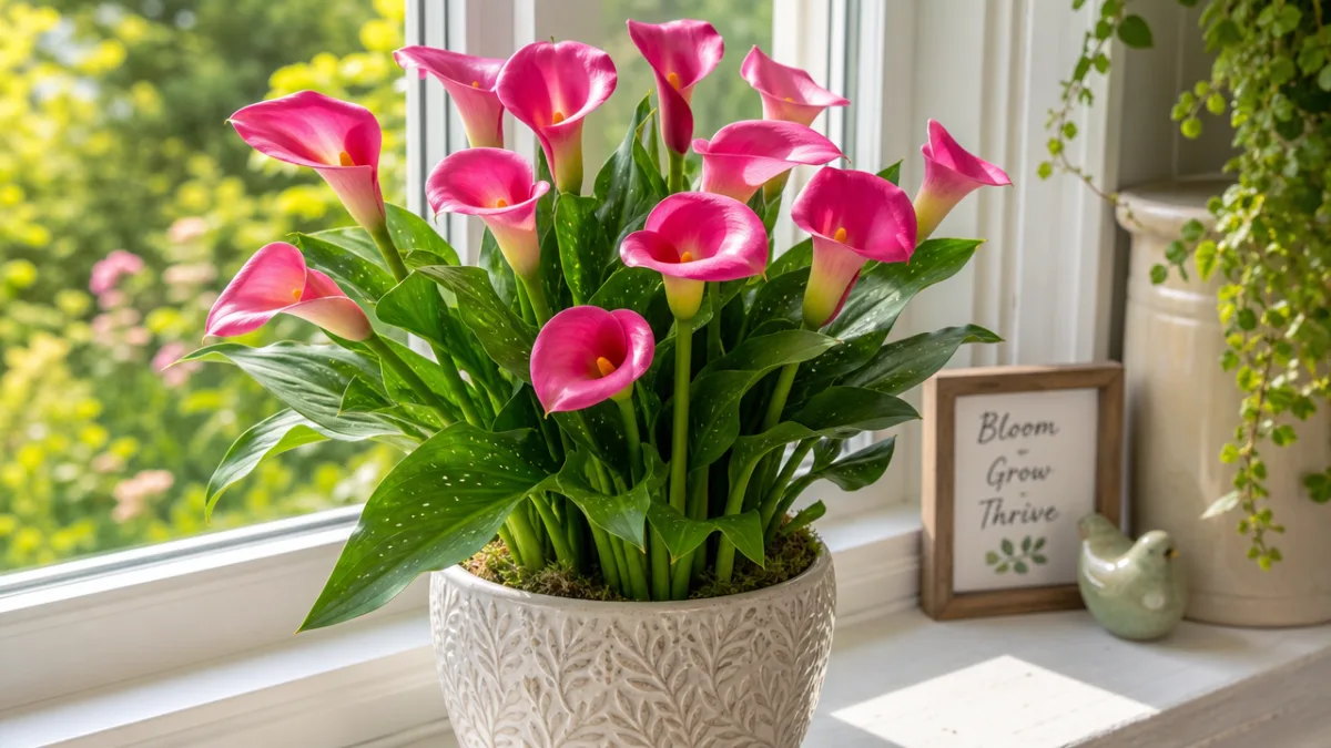 a vibrant potted calla lily in full bloom on a bright windowsill,…