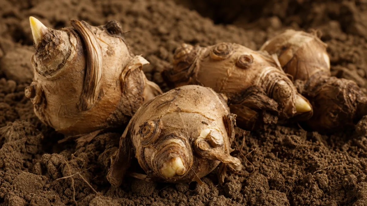 close-up of calla lily rhizomes resting in dry soil, warm earthy tones,…