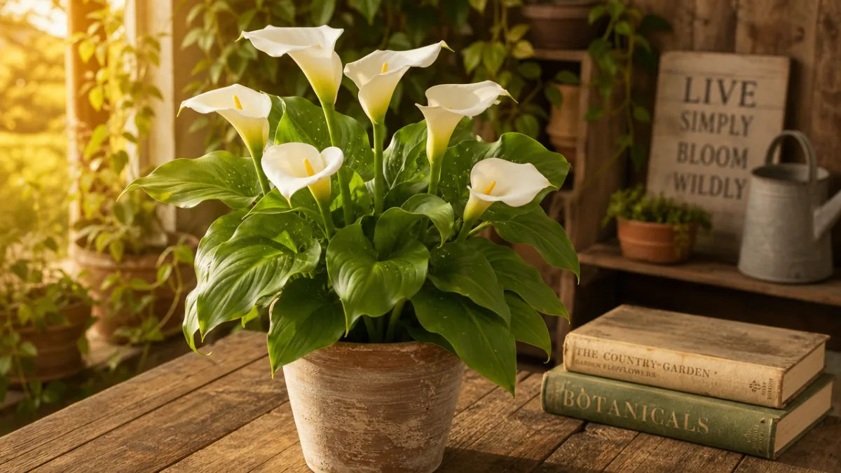 a thriving healthy calla lily plant on a rustic wooden table, warm…