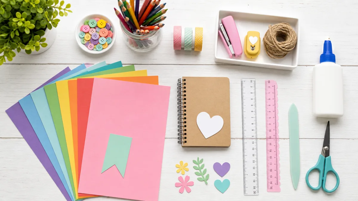 a flat lay of colorful cardstock, scissors, rulers, and craft supplies arranged…