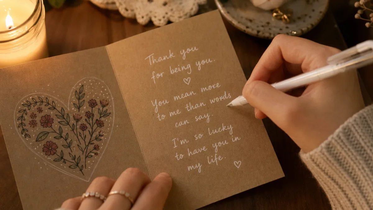 close-up of hands writing a heartfelt message inside a handmade card with…