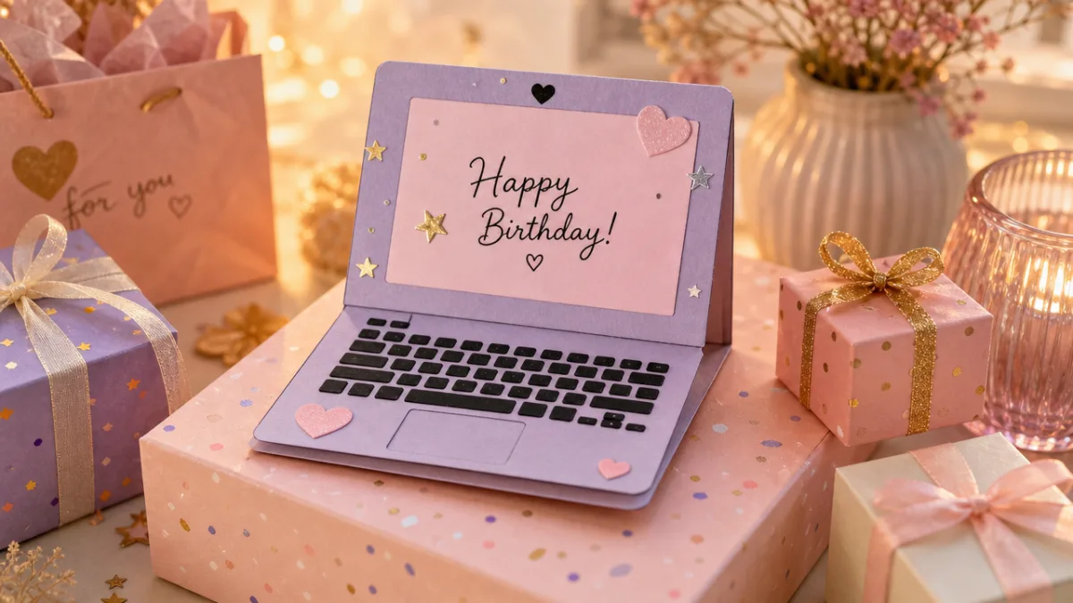 a finished handmade laptop-shaped card resting on a pastel gift box surrounded…
