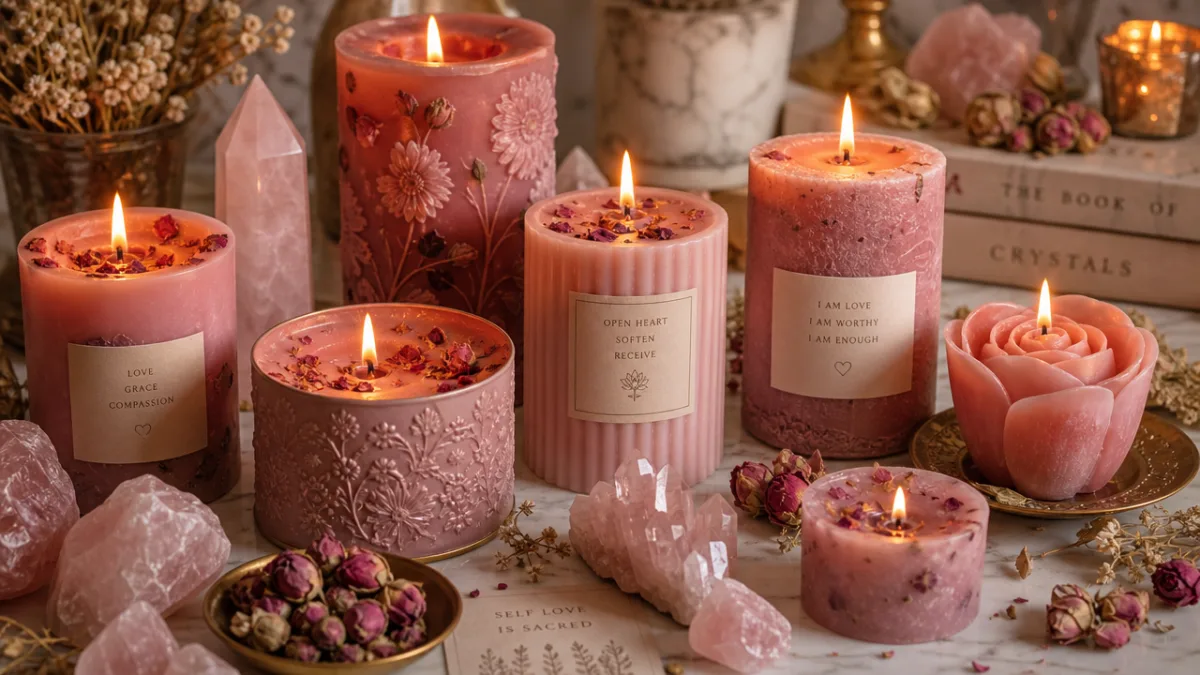 a collection of artisan pink and rose-colored ritual candles surrounded by rose…