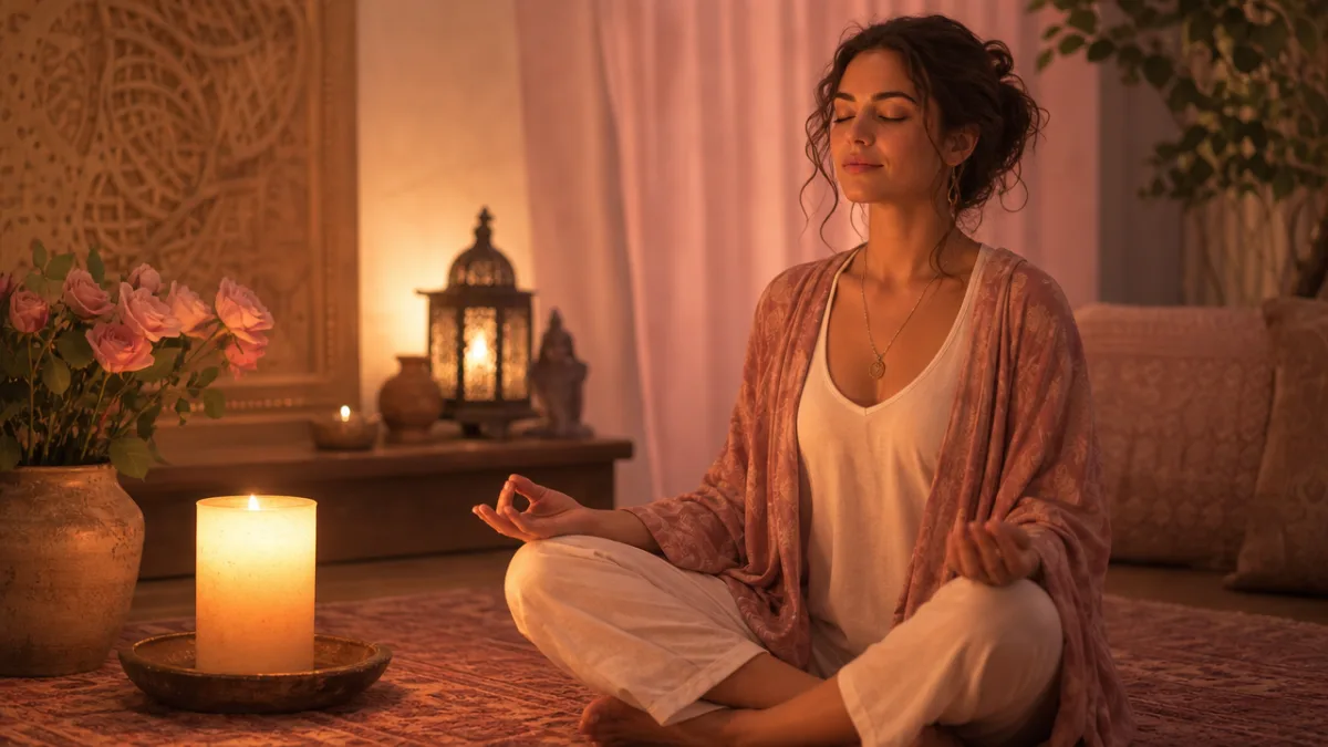a woman sitting in meditation with eyes closed beside a glowing candle,…