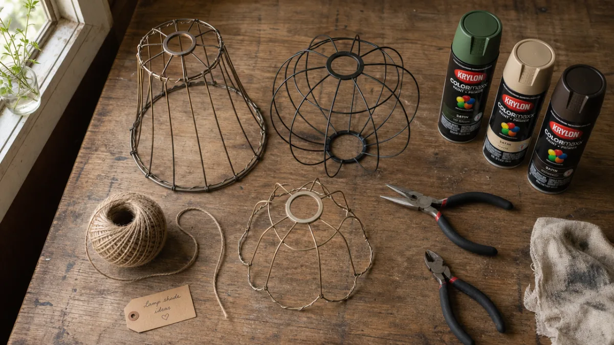 a flat lay of wire lampshade frames, spray paint cans, pliers, and…