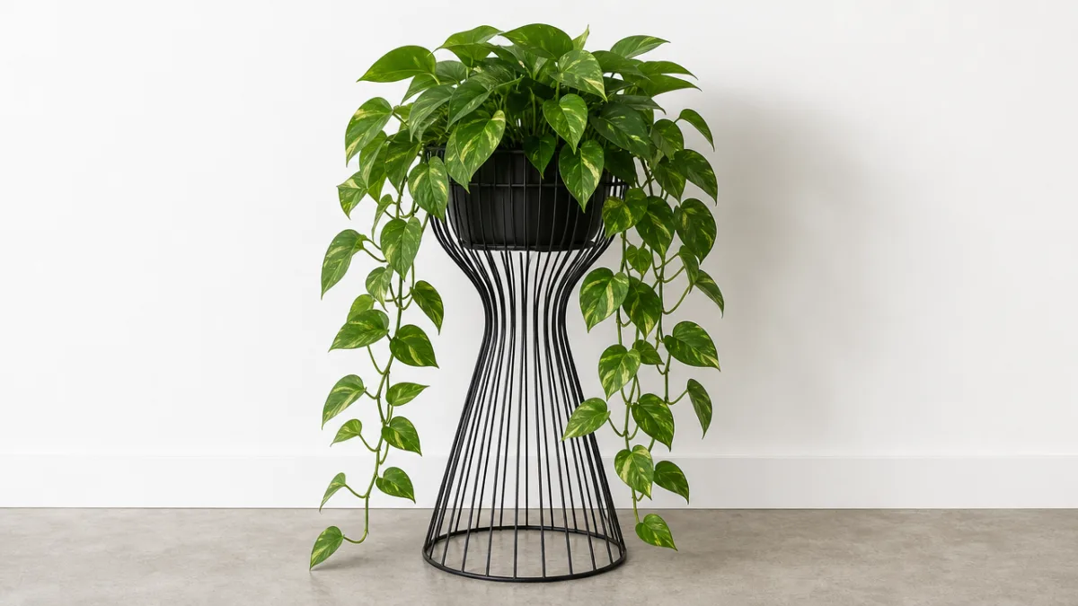 a wire lampshade frame plant stand painted matte black holding a lush…