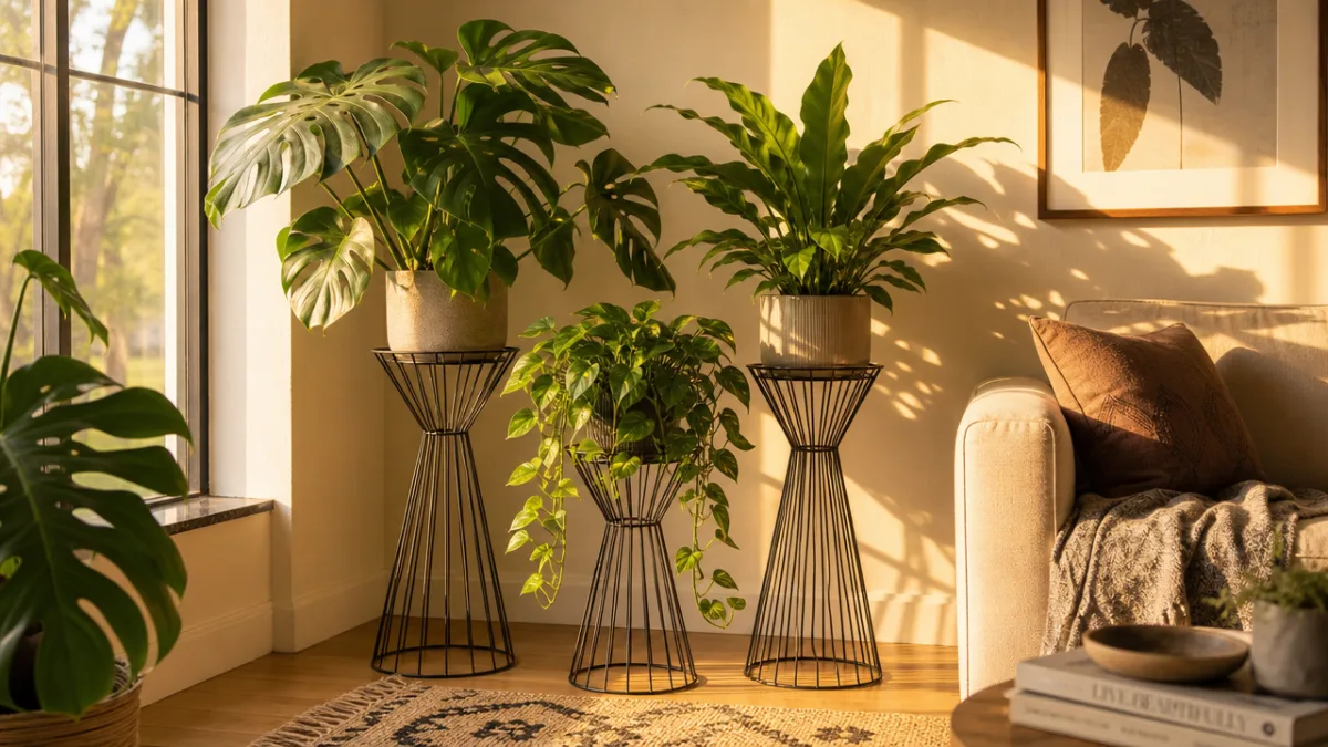 a sunlit living room corner with three wire frame plant stands at…