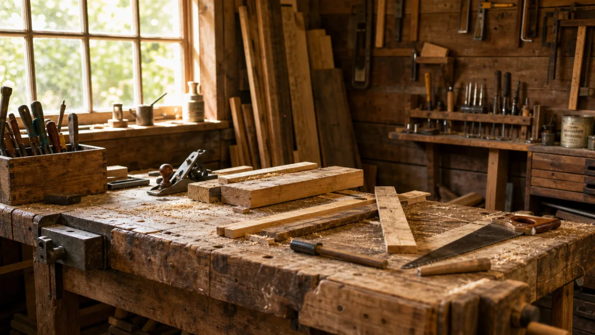 a rustic wooden workshop workbench covered with scrap wood planks, tools, and…
