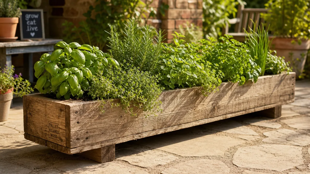 a long rustic pallet trough planter filled with green herbs outdoors on…