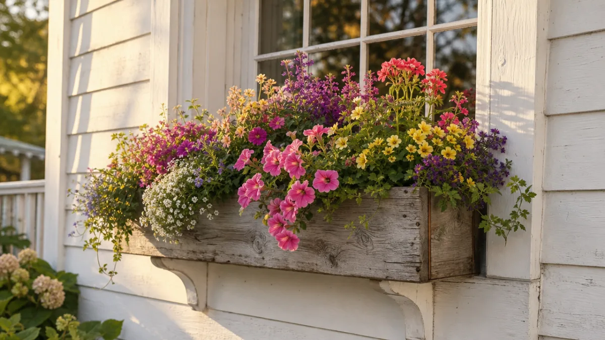 a charming farmhouse window box filled with colorful blooming flowers mounted on…