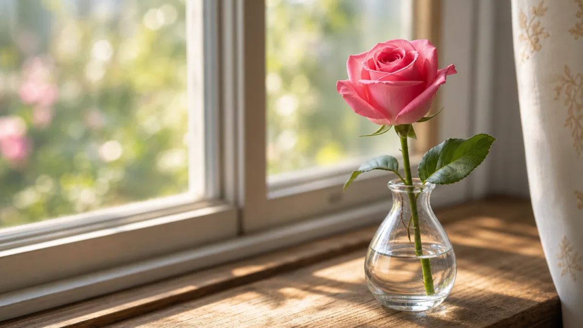 a single fresh rose in a small glass vase on a sunlit…